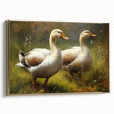 Framed canvas wall art featuring a vibrant duck design in bold colors, elegantly displayed with a sleek gold frame, perfect for enhancing modern decor.