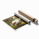 Rolled print showcasing a whimsical duck design in vibrant colors, perfect for children's room decor. The artwork features playful cartoon-style ducks against a light background, adding a cheerful touch to any space.