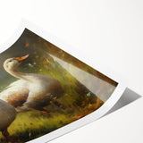 Colorful wall art print featuring a playful duck design, showcasing vibrant hues of blue, yellow, and green. Ideal for children's rooms or playful decor themes.