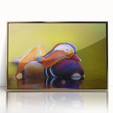 Framed wall art featuring a vibrant duck design in acrylic with a gold frame, showcasing intricate details and colors, perfect for modern home decor.
