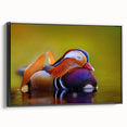 Framed canvas wall art featuring a stylish duck design with a black frame, showcasing vibrant colors and intricate details, perfect for modern home decor.