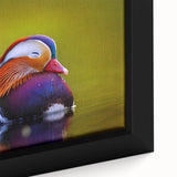 Close-up of a framed canvas wall art featuring a whimsical duck design, with vibrant colors and intricate detailing, perfect for home decor and bird lovers.