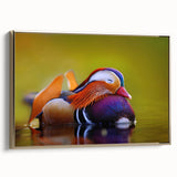 Framed canvas wall art featuring a vibrant duck design in gold tones, showcasing a side view of the artwork against a neutral background, ideal for home decor.