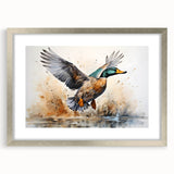 Framed wall art collection featuring a vibrant duck design, elegantly matted and set in a sleek silver frame, perfect for enhancing home decor with nature-inspired aesthetics.