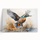 Stretched canvas wall art featuring a vibrant duck design with colorful feathers, leaning against a rustic wooden surface, perfect for home decor or nature enthusiasts.