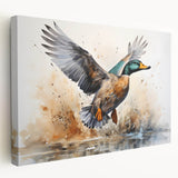 Stretched canvas wall art featuring a vibrant duck design in a serene nature setting, showcasing detailed colors and textures, perfect for home decor.