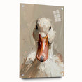 Acrylic glass wall art featuring a vibrant duck design, displayed with decorative pins against a stylish background, perfect for enhancing modern home decor.