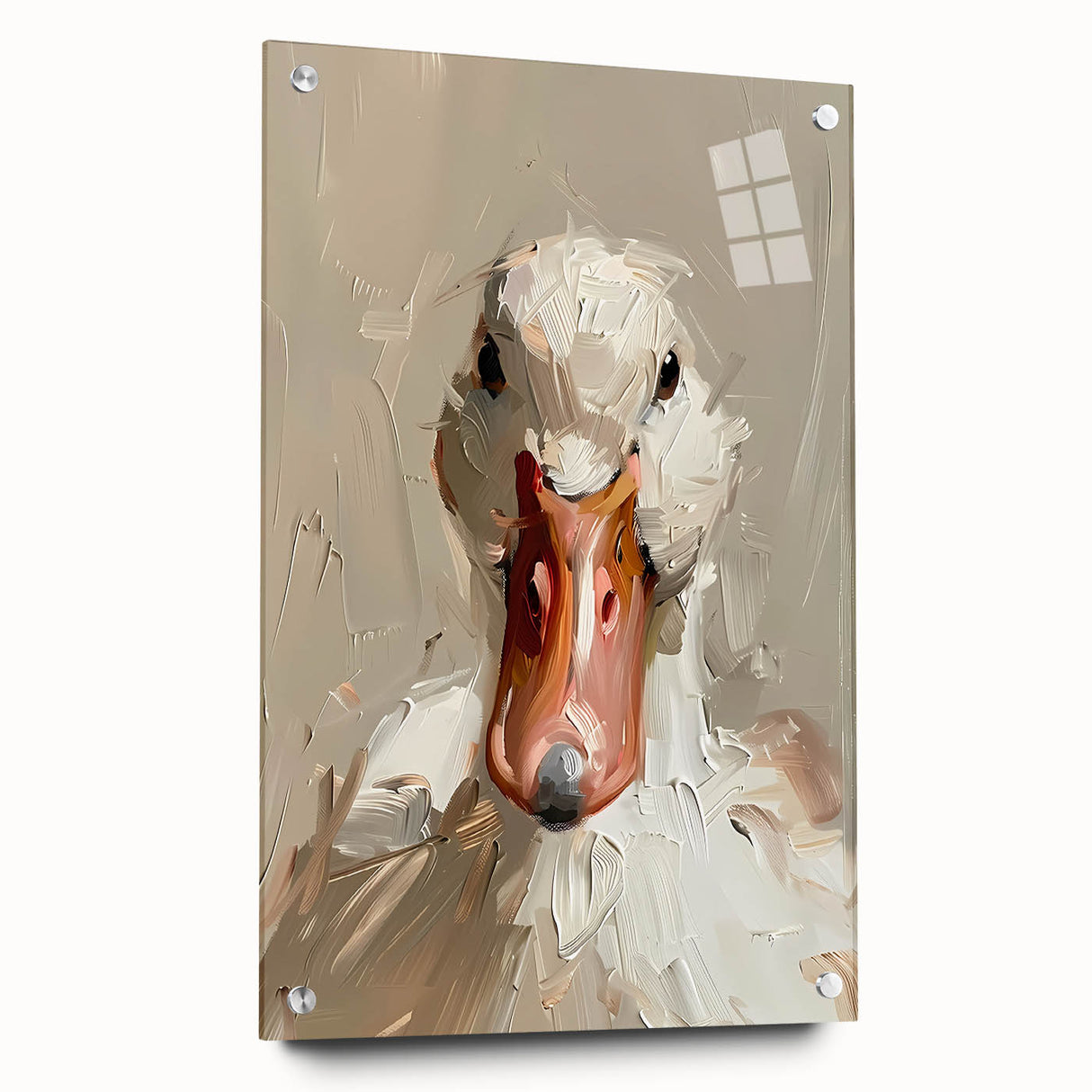 Acrylic glass wall art featuring a vibrant duck design, displayed with decorative pins against a stylish background, perfect for enhancing modern home decor.