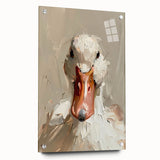 Acrylic glass wall art featuring a vibrant duck design, displayed with decorative pins against a stylish background, perfect for enhancing modern home decor.