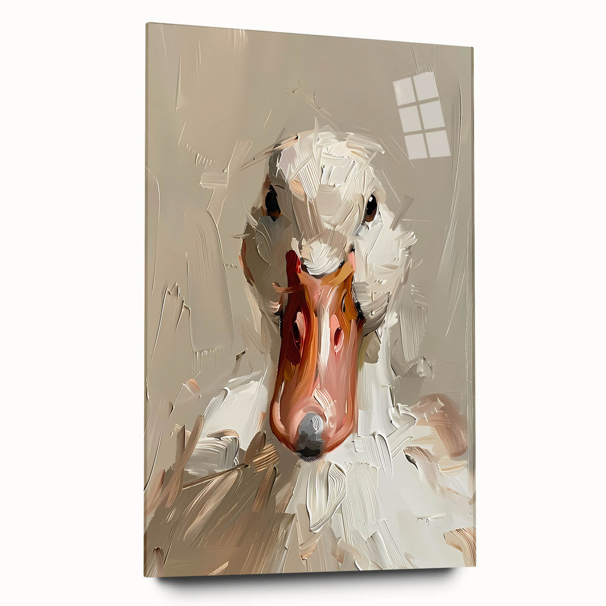 Acrylic glass wall art displaying a vibrant duck design, showcasing intricate details and colors, ideal for home decor or gallery display. The side view highlights the sleek finish, enhancing any interior space.