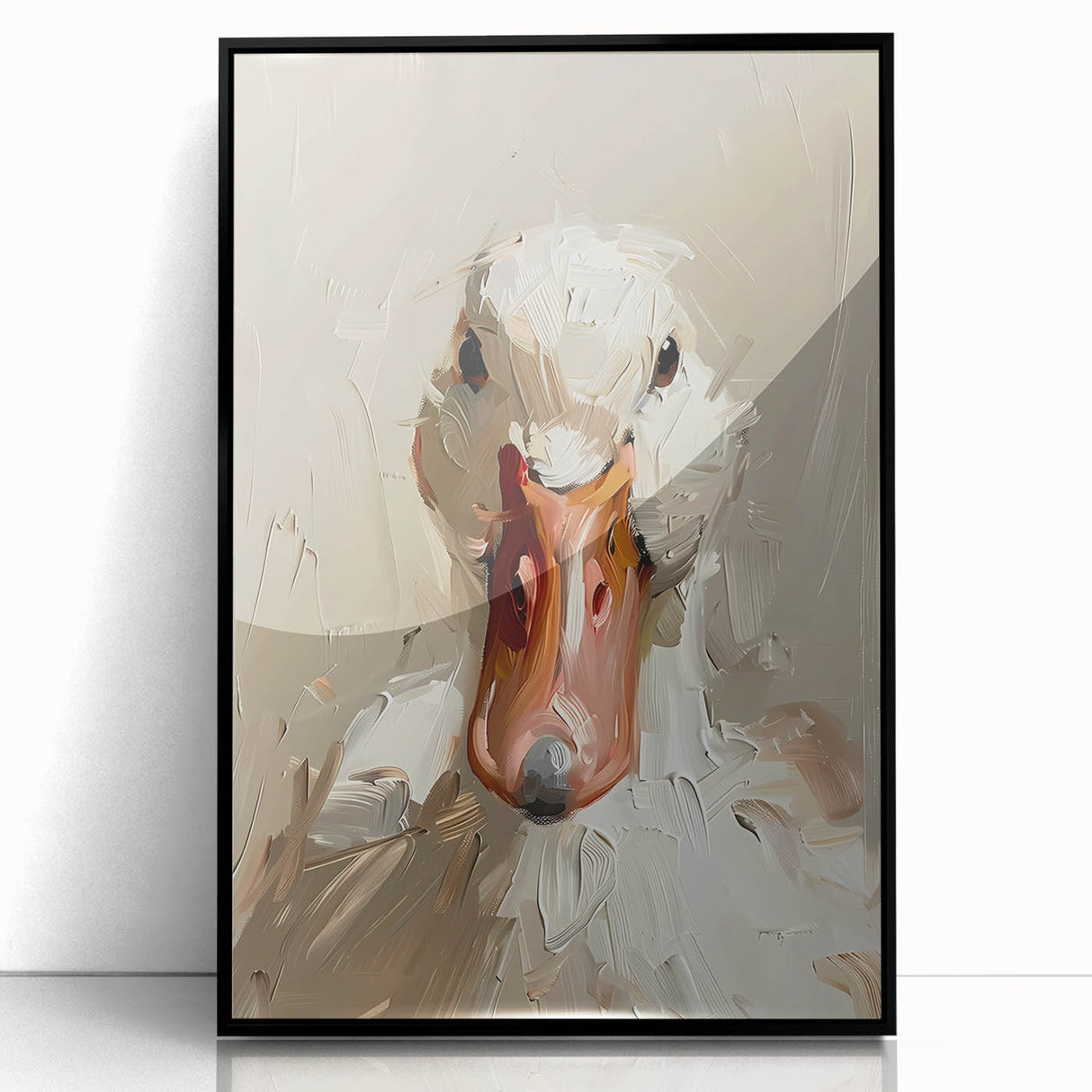 Framed wall art featuring a decorative duck design with vibrant colors on an acrylic surface, presented in a sleek black frame, ideal for home decor.