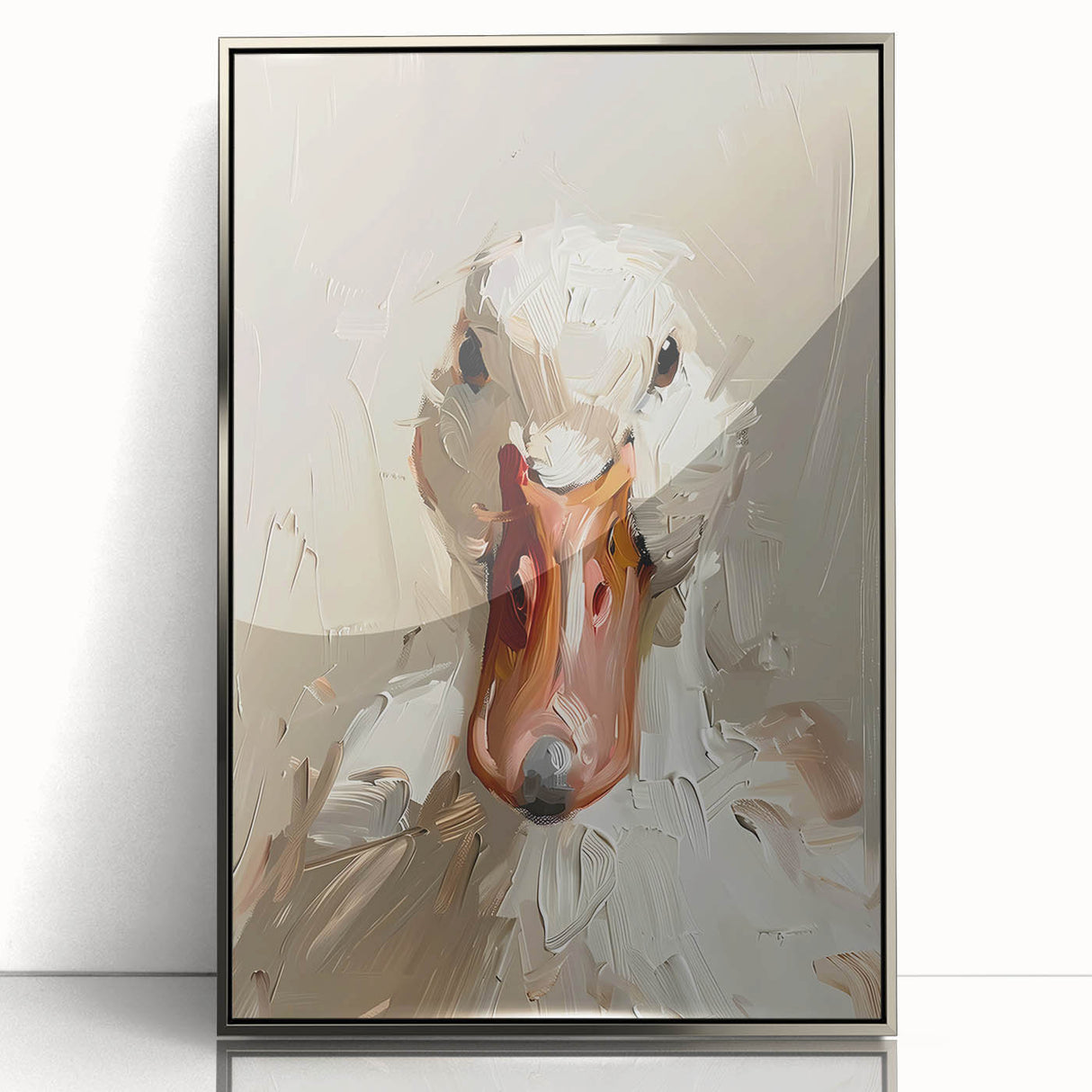 Framed wall art featuring a duck design in an elegant silver frame, showcasing vibrant colors and intricate details, perfect for home décor or nature enthusiasts.