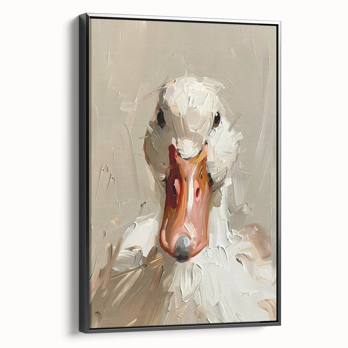 Framed wall art collection featuring a sleek black design showcasing a vibrant duck illustration on canvas, ideal for adding a modern touch to any decor.