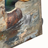 Close-up of a vibrant wall art piece featuring a duck design, printed on acrylic glass with rich colors and intricate details, perfect for home decor.
