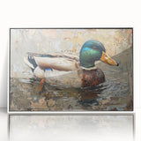 Framed wall art featuring a modern duck design with a white border, showcasing vibrant colors against a sleek acrylic finish, perfect for home decor.