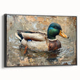 Framed canvas wall art showcasing a vibrant duck design with intricate details, set against a sleek black frame, ideal for modern home decor.