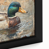 Close-up of a framed canvas wall art featuring a vibrant duck design, showcasing intricate details, rich colors, and a modern aesthetic, perfect for home decor.