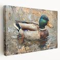 Stretched canvas wall art showcasing a vibrant duck design in a serene natural setting, ideal for adding color and character to home decor.