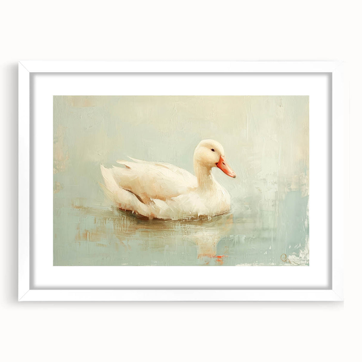 Framed wall art collection showcasing a serene duck design with vibrant colors, set in a white mat and frame, perfect for home decor enhancement.