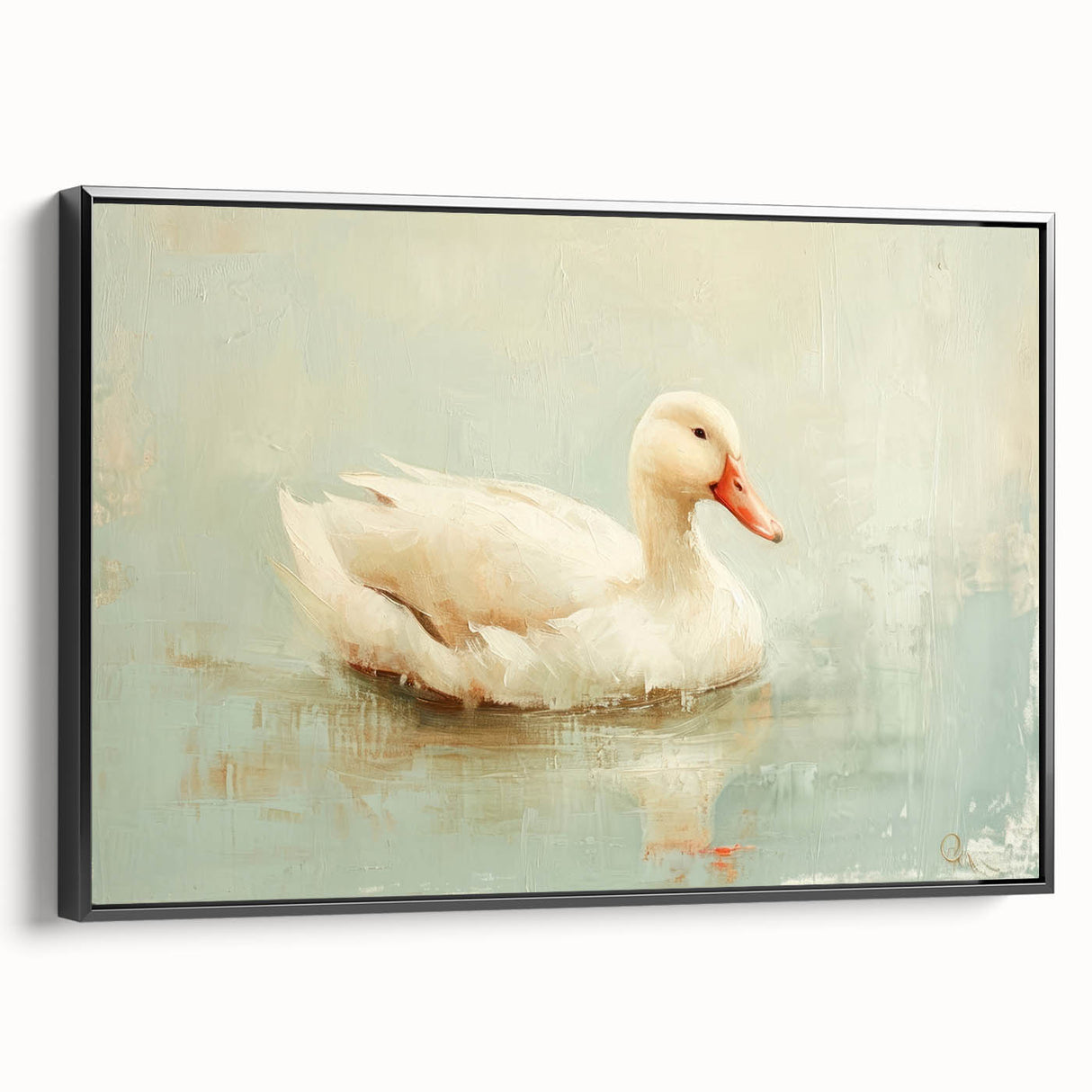 Framed wall art showcasing a captivating duck design in vibrant colors, presented in a sleek black frame, perfect for enhancing home decor with nature-inspired elegance.