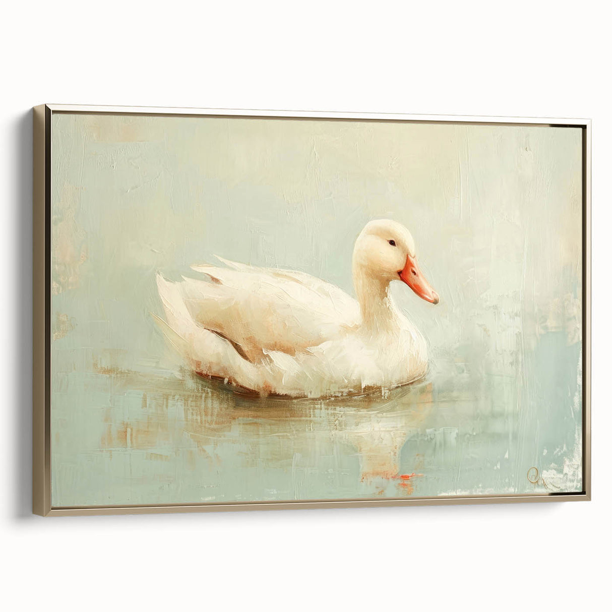 Framed canvas wall art featuring a detailed duck design with gold accents, showcasing a side view of the artwork against a neutral background, perfect for home decor.