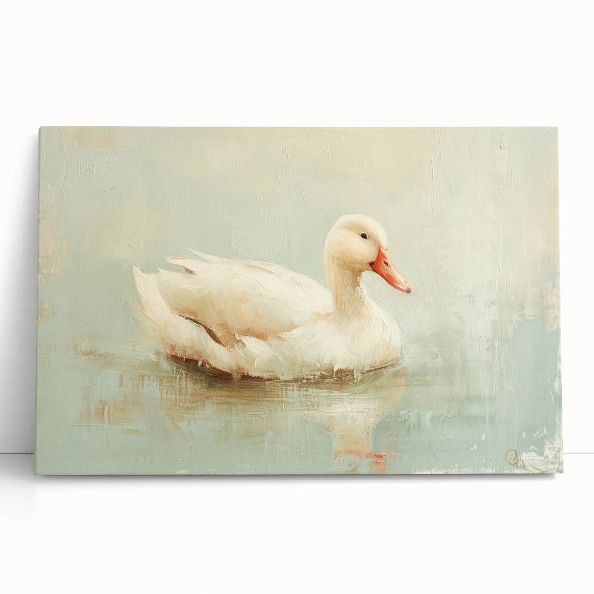 Vibrant wall art collection showcasing a duck design on stretched canvas, leaning against a wall, ideal for home decor enthusiasts and bird lovers.