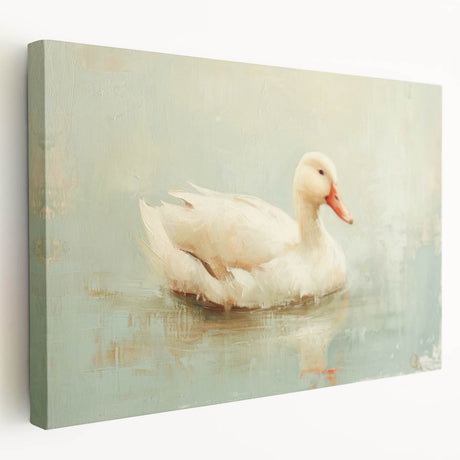 Stretched canvas wall art featuring a vibrant duck design with rich colors, ideal for home decor. Side view showcases the canvas texture and framing details.