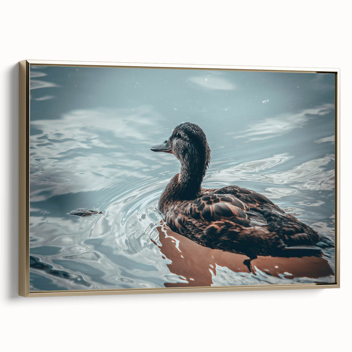 Framed canvas wall art showcasing a duck design in an elegant gold frame, highlighting intricate details and vibrant colors, perfect for home decor.