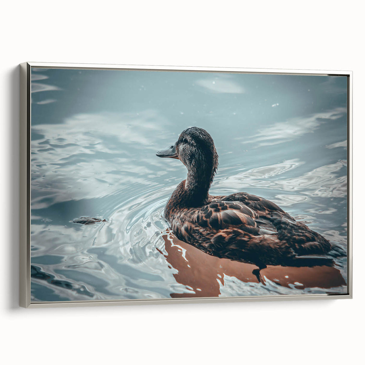 Framed canvas wall art showcasing an elegant duck design in silver tones, presented in a stylish side view. Perfect for contemporary home decor.