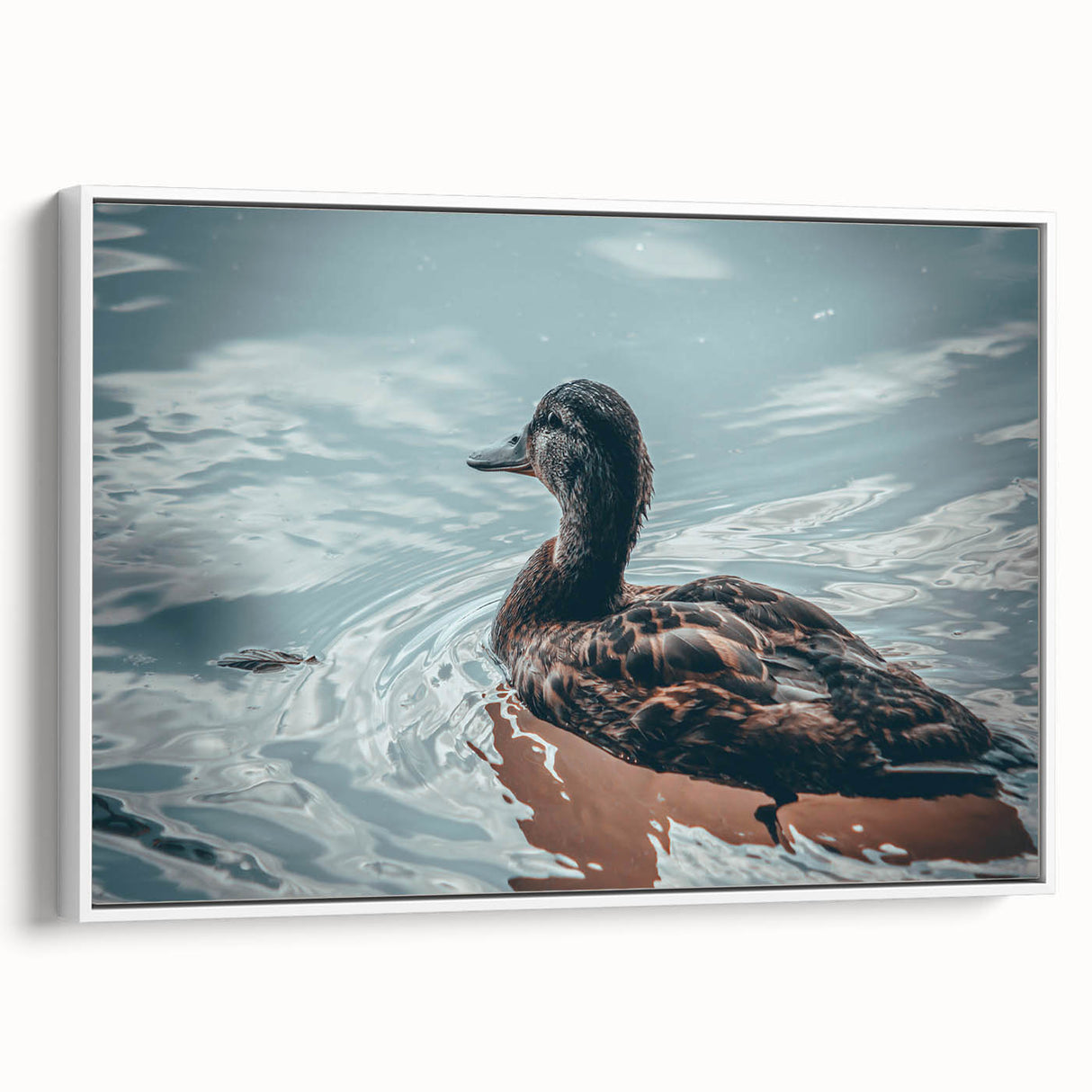 Framed canvas wall art showcasing a whimsical duck design in vibrant colors, set against a white background. Ideal for adding a playful touch to nursery or children's room decor.