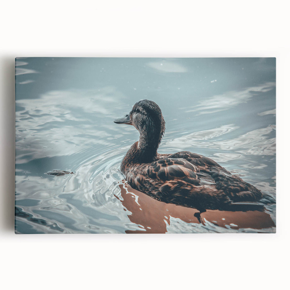 Colorful duck-themed wall art canvas depicting a whimsical bird design, perfect for enhancing home décor. This stretched canvas showcases vibrant hues and intricate details, making it an eye-catching addition to any room.