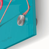 Close-up of vibrant flamingo wall art design printed on acrylic glass, showcasing intricate details in pink, green, and blue hues, perfect for home decor.