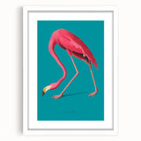 Flamingo-themed wall art design framed with a white mat, showcasing vibrant pink flamingos against a serene backdrop, ideal for modern home decor.