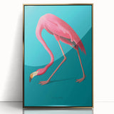 Framed wall art featuring a vibrant flamingo design in pastel colors, elegantly displayed with a gold-acrylic frame, perfect for adding a tropical touch to home decor.