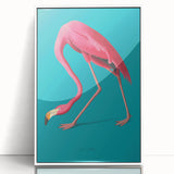 Framed wall art showcasing a vibrant flamingo design, featuring a white background and sleek acrylic finish, perfect for modern decor and tropical themes.