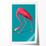 Vibrant flamingo-themed wall art print in soft pink and green hues, showcasing tropical foliage, perfect for brightening home decor. Rolled and ready for framing.