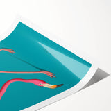 Flamingo-themed wall art print showcasing vibrant pink flamingos amidst lush green foliage, rolled and packaged in a protective cardboard tube for easy display. Ideal for tropical decor enthusiasts.