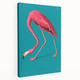 Stretched canvas wall art featuring a vibrant flamingo design in pink and teal hues, perfect for adding a tropical flair to home decor.