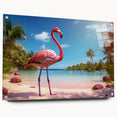 Flamingo-themed wall art featuring vibrant pink acrylic glass design with side view display and metal pins for easy hanging, perfect for modern decor.