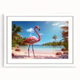 Framed wall art featuring a vibrant flamingo design, showcasing pink and white colors with a modern aesthetic, perfect for home decor. The artwork is displayed in a sleek white frame with a mat, enhancing its visual appeal for stylish interiors.