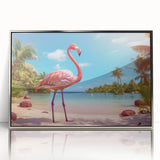 Framed wall art featuring a vibrant flamingo design, elegantly displayed with a silver acrylic front, perfect for modern decor. This artwork adds a tropical touch to any space.