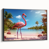 Framed canvas wall art showcasing a vibrant flamingo design, featuring a sleek black frame and side view display, ideal for modern home decor.