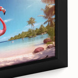 Close-up of a framed canvas wall art featuring a vibrant flamingo design, showcasing intricate details and colors, perfect for tropical-themed decor.