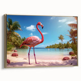 Framed wall art featuring a vibrant flamingo design on canvas, set against a gold background, showcasing a side view of the elegant, colorful birds in a modern decor style.