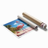 Flamingo-themed wall art print showcasing vibrant pink and orange hues, elegantly rolled for easy display and storage, ideal for enhancing home decor.