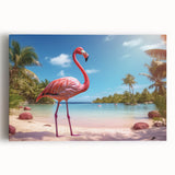 Vibrant flamingo-themed wall art on stretched canvas, showcasing bold pink and green colors, ideal for tropical decor. Perfect for enhancing living spaces with a lively touch.