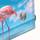 Close-up of a vibrant flamingo design wall art piece, showcasing intricate details and rich colors on acrylic glass, perfect for modern decor. Ideal for adding a tropical touch to any space.