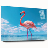 Flamingo-themed wall art design on acrylic glass, showcasing vibrant pink and orange hues in a modern side view, perfect for stylish home decor.