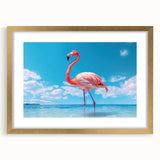 Framed flamingo-themed wall art featuring a vibrant pink and gold design, set against a sleek white mat, perfect for modern home decor.