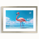 Framed wall art featuring a vibrant flamingo design in soft pink and green hues, elegantly matted and presented with a sleek silver frame, perfect for enhancing modern home decor.